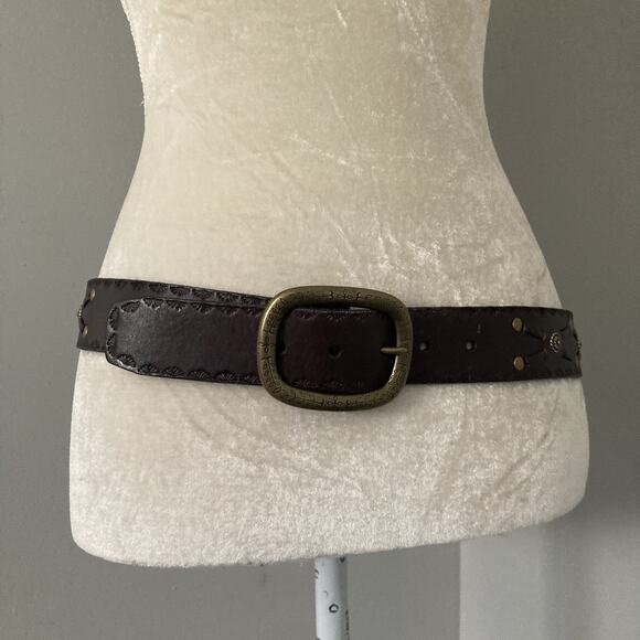 FOSSIL Brown Leather Belt Embossed Studded Southwest western boho Women's Medium - Picture 1 of 15